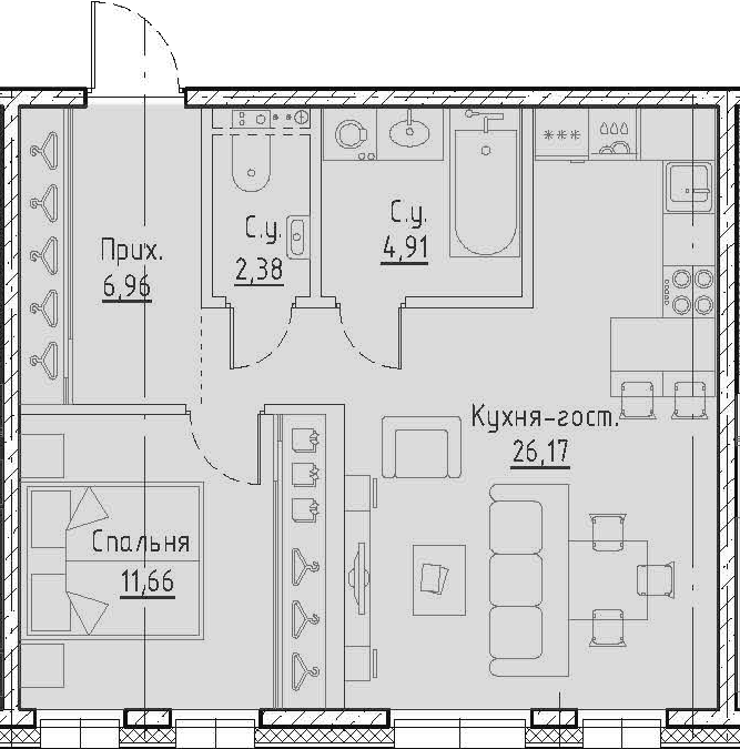 Планировка евродвушка (2Е) 52.08 м² в ЖК «Черная речка, 41», корпус 1