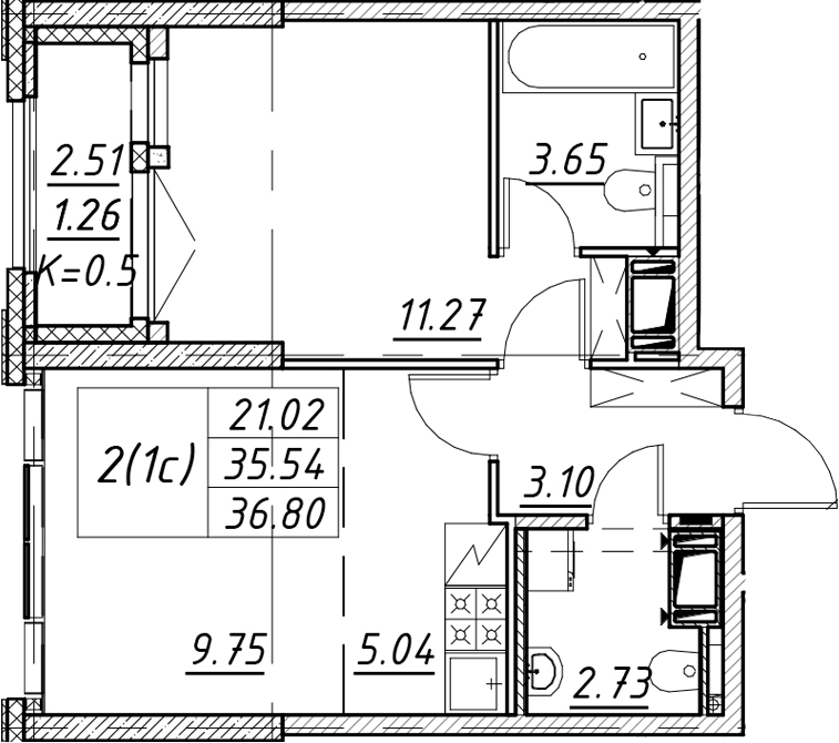 Планировка евродвушка (2Е) 36.8 м² в ЖК «Цивилизация на Неве», корпус 5