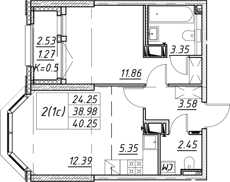 Планировка евродвушка (2Е) 40.25 м² в ЖК «Цивилизация на Неве», корпус 5