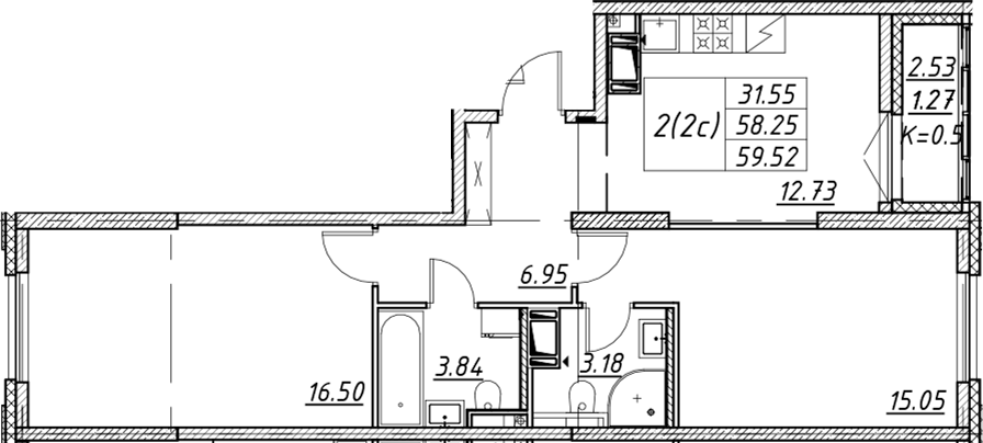 Планировка евротрёшка (3Е) 59.52 м² в ЖК «Цивилизация на Неве», корпус 5
