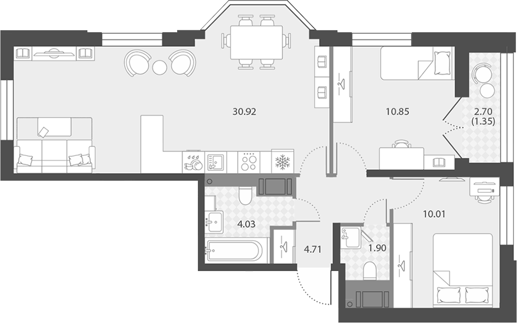 Планировка евротрёшка (3Е) 63.77 м² в ЖК «Цивилизация на Неве», корпус 7