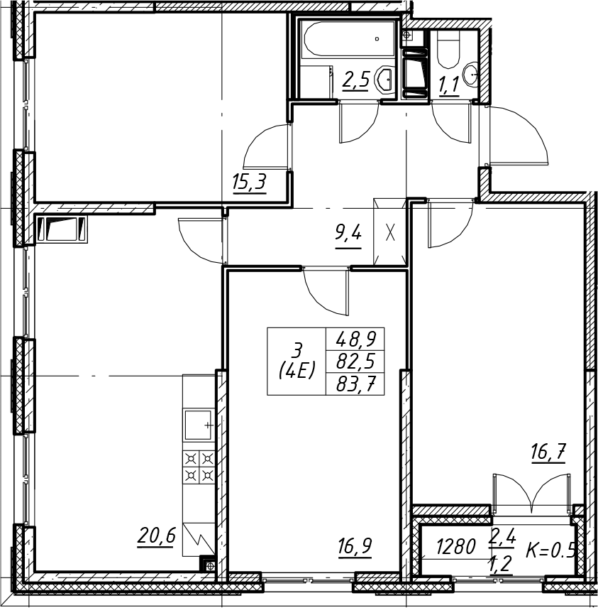 Планировка евро-4 (4Е) 82.6 м² в ЖК «Цивилизация на Неве», корпус 4
