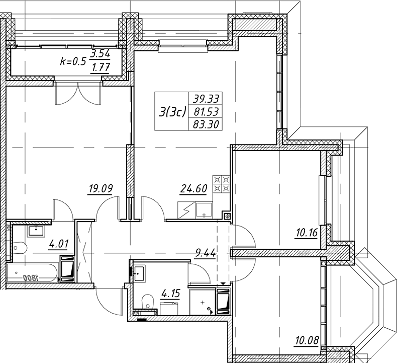Планировка евро-4 (4Е) 83.3 м² в ЖК «Цивилизация на Неве», корпус 6