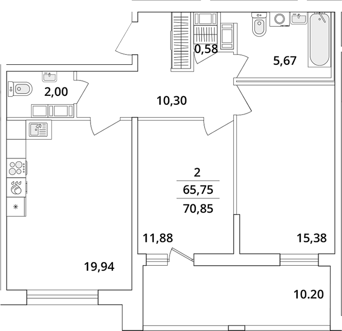 Планировка двухкомнатная 71.3 м² в ЖК «Cube», корпус 5