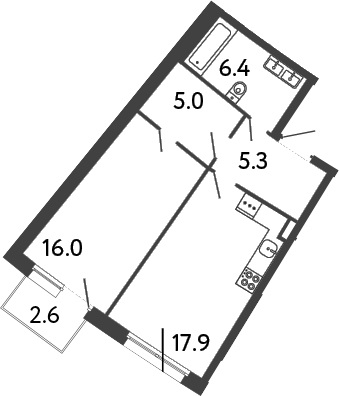 Планировка однокомнатная 51.38 м² в ЖК «Цвет Зеленогорска», корпус 1