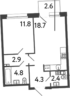 Планировка евродвушка (2Е) 47.5 м² в ЖК «Цвет Зеленогорска», корпус 1
