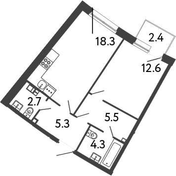 Планировка евродвушка (2Е) 49.42 м² в ЖК «Цвет Зеленогорска», корпус 1