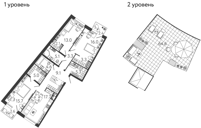 Планировка трёхкомнатная 101.7 м² в ЖК «Цвет Зеленогорска», корпус 1
