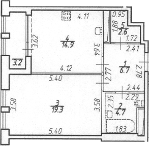 Планировка однокомнатная 49.8 м² в ЖК «Дефанс», корпус А
