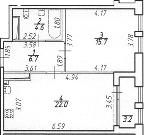 Планировка евродвушка (2Е) 50.6 м² в ЖК «Дефанс», корпус А