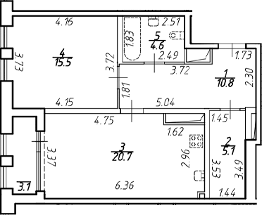 Планировка евродвушка (2Е) 58.3 м² в ЖК «Дефанс», корпус А