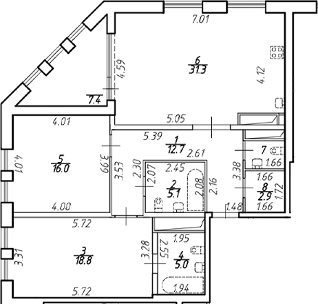 Планировка евротрёшка (3Е) 97.4 м² в ЖК «Дефанс», корпус А