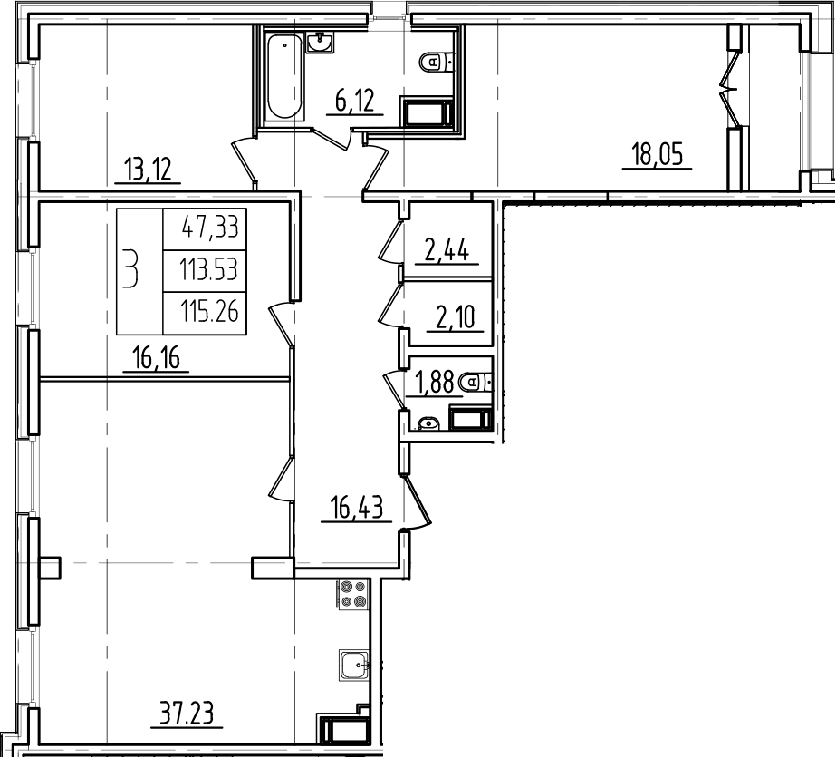 Планировка евро-4 (4Е) 115.5 м² в ЖК «Дефанс», корпус Б