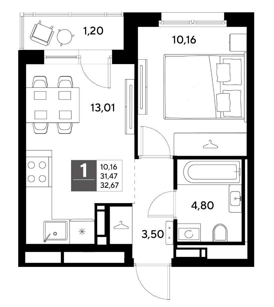 Планировка однокомнатная 32.67 м² в ЖК «Догма Юкки», корпус 2