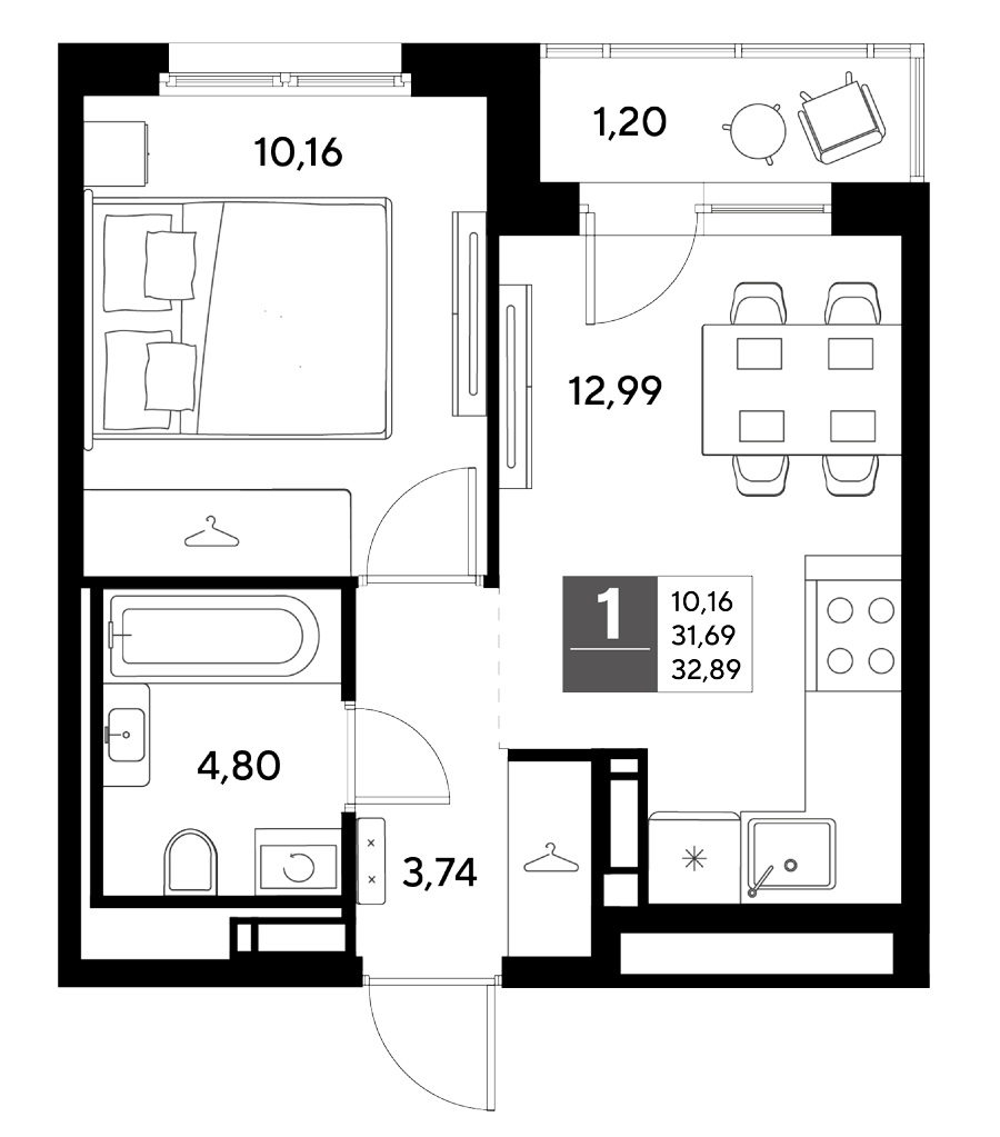 Планировка однокомнатная 32.89 м² в ЖК «Догма Юкки», корпус 2
