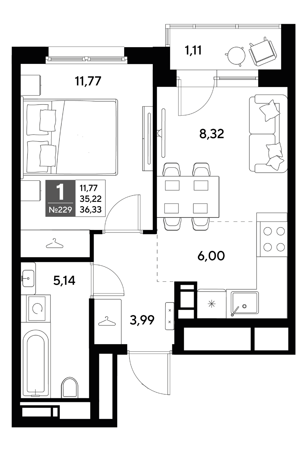 Планировка евродвушка (2Е) 36.33 м² в ЖК «Догма Юкки», корпус 2