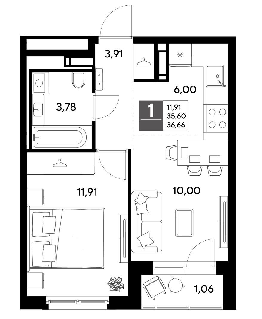 Планировка евродвушка (2Е) 36.66 м² в ЖК «Догма Юкки», корпус 4