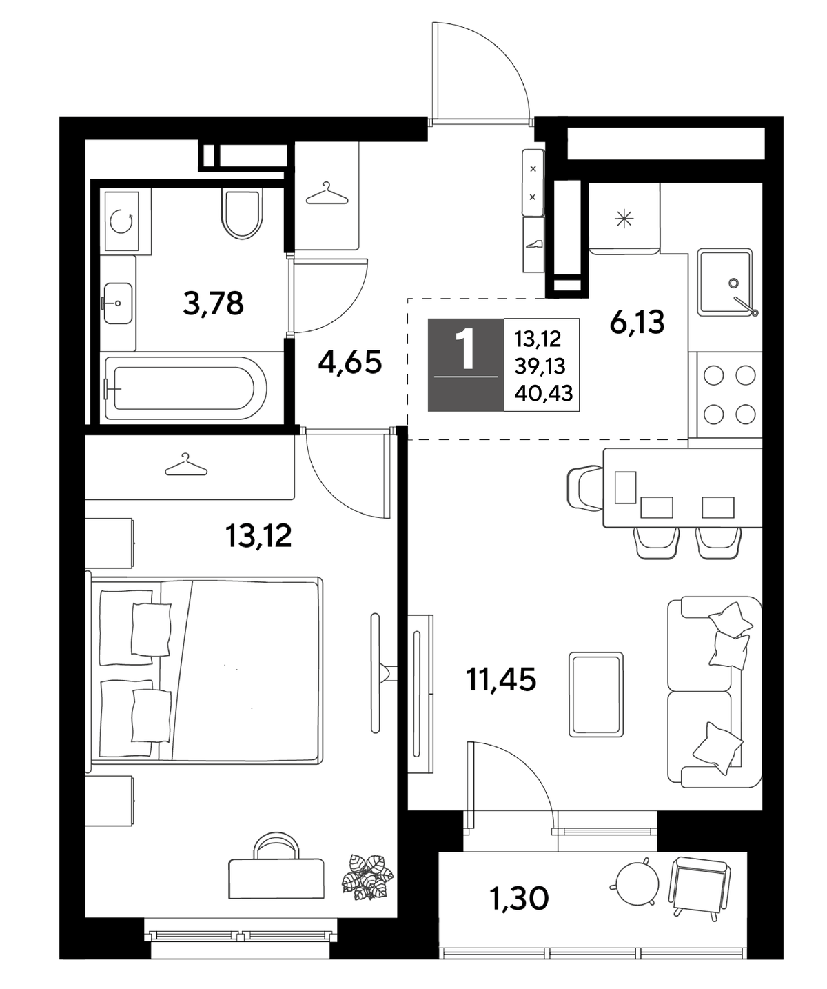 Планировка евродвушка (2Е) 40.43 м² в ЖК «Догма Юкки», корпус 4
