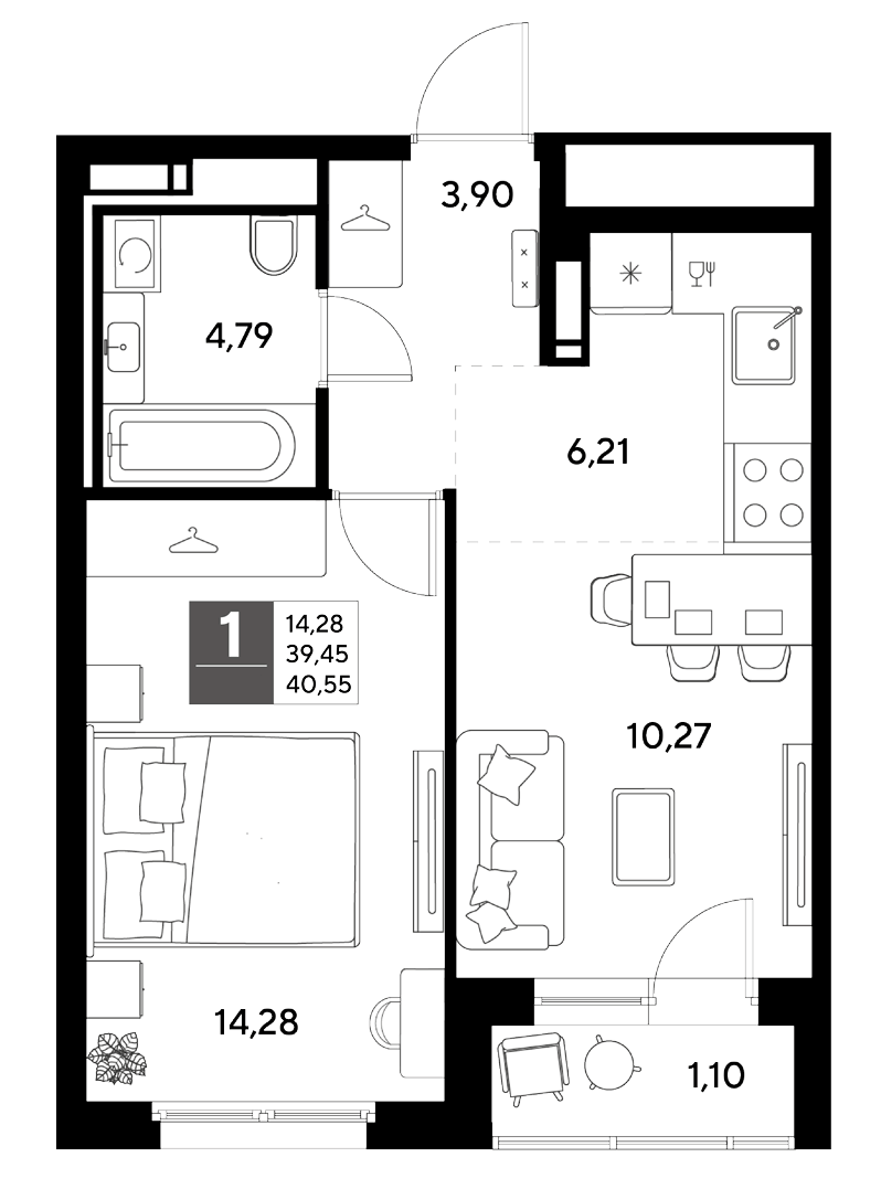 Планировка евродвушка (2Е) 40.55 м² в ЖК «Догма Юкки», корпус 2