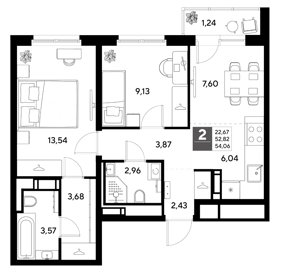 Планировка евротрёшка (3Е) 54.06 м² в ЖК «Догма Юкки», корпус 4