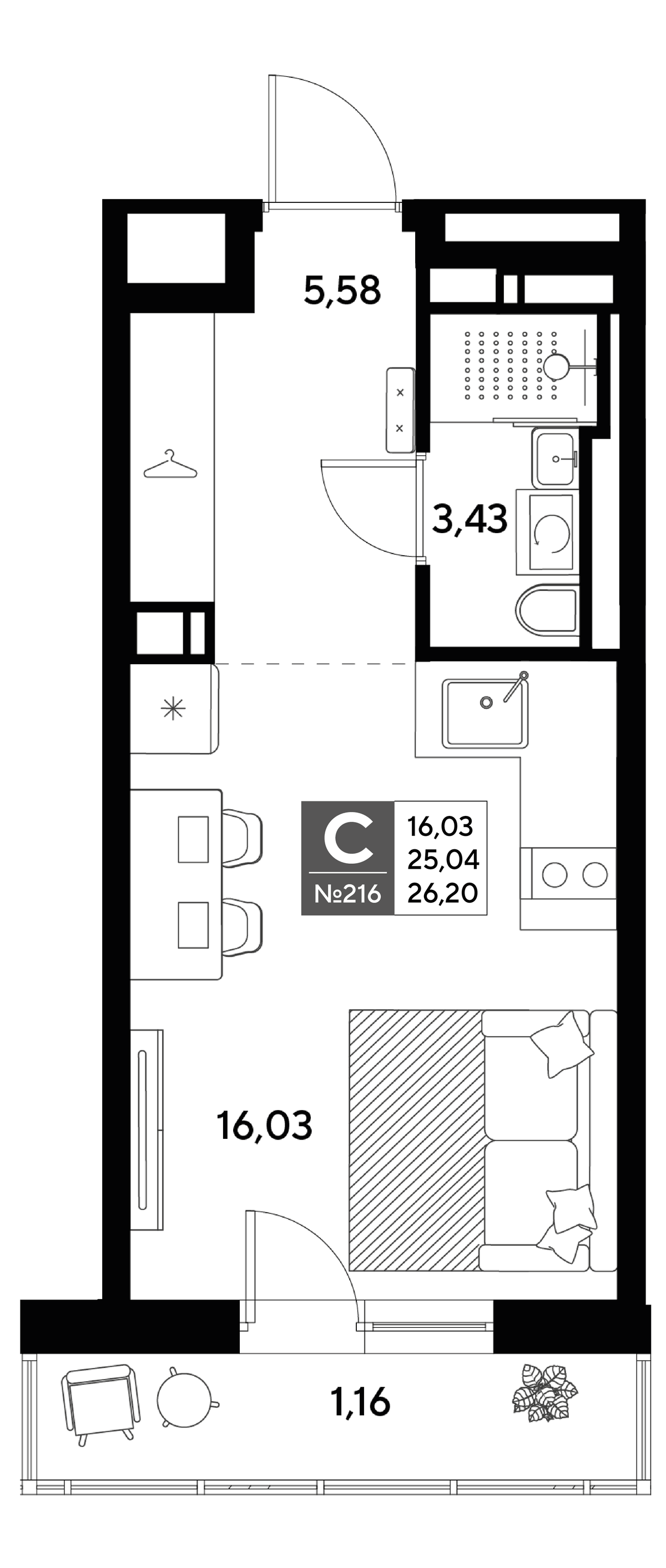 Планировка Студии 26.2 м² в ЖК «Догма Юкки», корпус 2