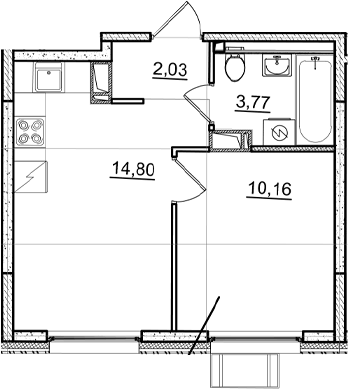 Планировка однокомнатная 30.76 м² в ЖК «Догма Юкки 2», корпус 1
