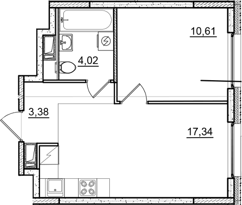 Планировка евродвушка (2Е) 35.35 м² в ЖК «Догма Юкки 2», корпус 1