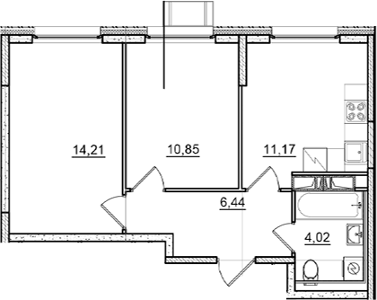 Планировка двухкомнатная 46.69 м² в ЖК «Догма Юкки 2», корпус 1
