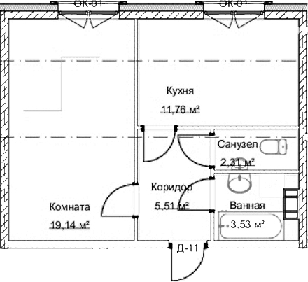 Планировка однокомнатная 42.8 м² в ЖК «Дом На Большом Смоленском», корпус 1