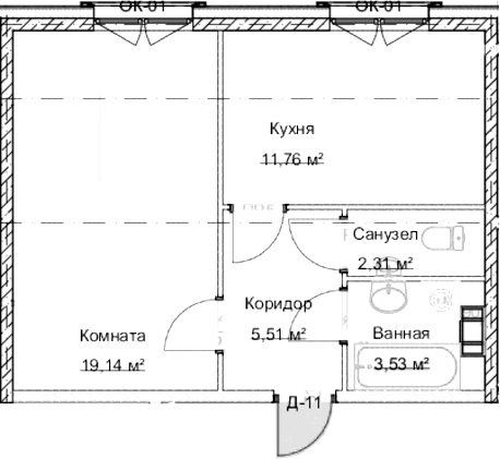 Планировка однокомнатная 42.9 м² в ЖК «Дом На Большом Смоленском», корпус 1