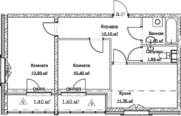 Планировка двухкомнатная 55.6 м² в ЖК «Дом На Большом Смоленском», корпус 1