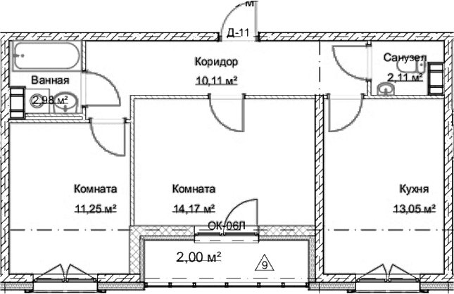 Планировка двухкомнатная 56.3 м² в ЖК «Дом На Большом Смоленском», корпус 1