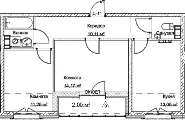 Планировка двухкомнатная 56.4 м² в ЖК «Дом На Большом Смоленском», корпус 1