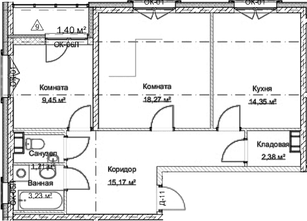 Планировка двухкомнатная 66.9 м² в ЖК «Дом На Большом Смоленском», корпус 1