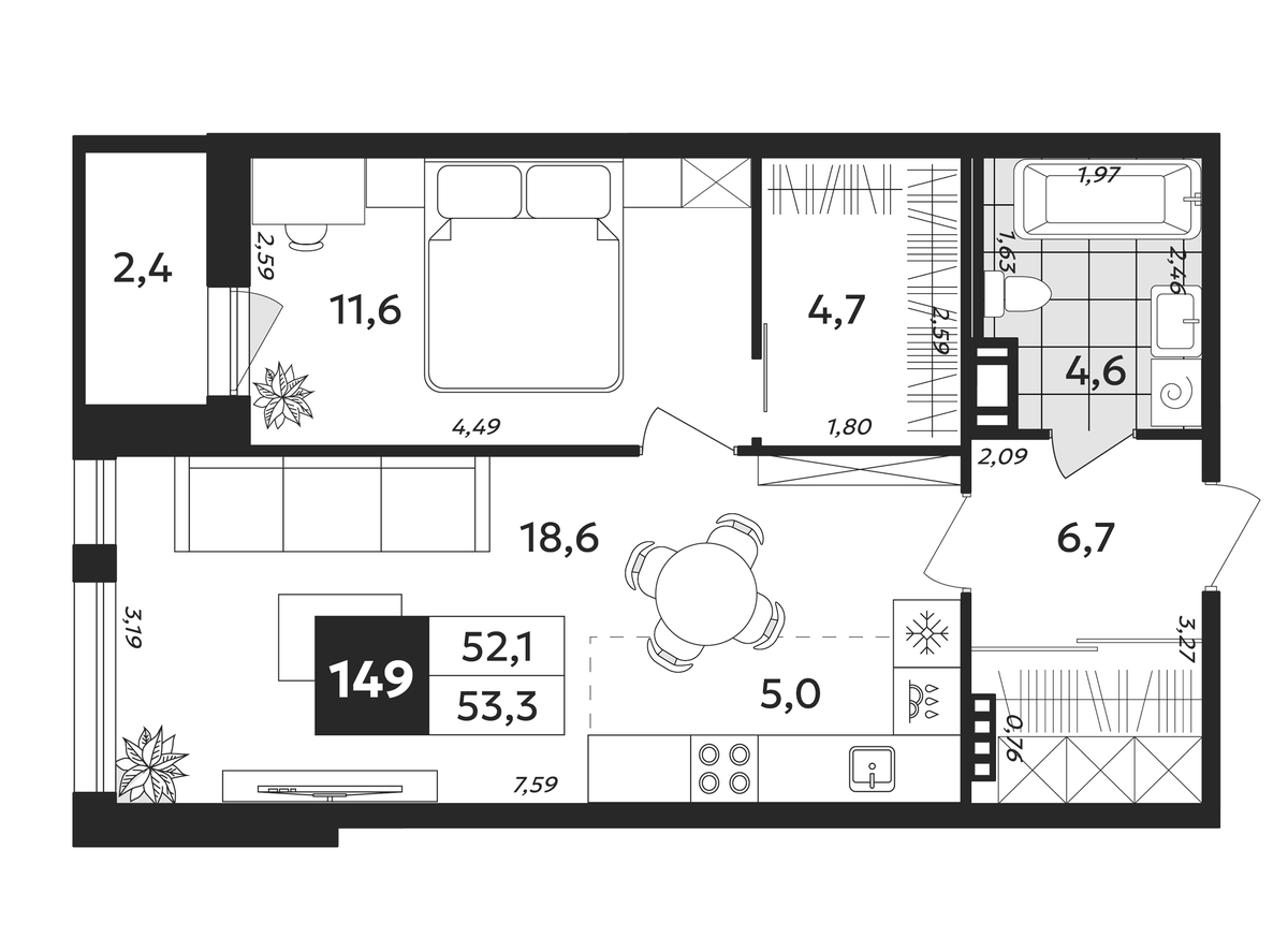 Планировка однокомнатная 53.3 м² в ЖК «Дом на Бронницкой», корпус 1