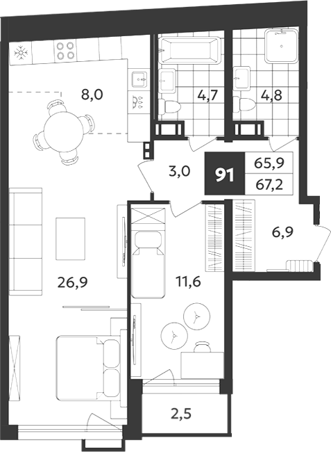 Планировка евродвушка (2Е) 67.15 м² в ЖК «Дом на Бронницкой», корпус 1