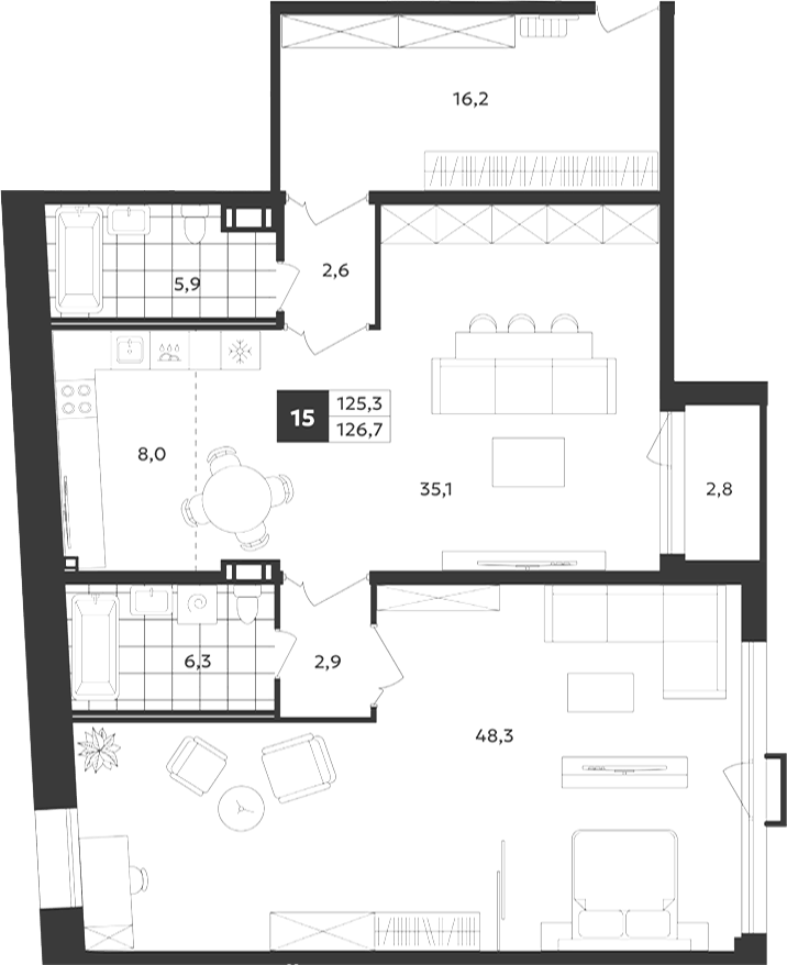 Планировка двухкомнатная 126.7 м² в ЖК «Дом на Бронницкой», корпус 1