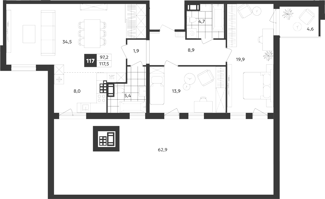 Планировка евротрёшка (3Е) 117.45 м² в ЖК «Дом на Бронницкой», корпус 1