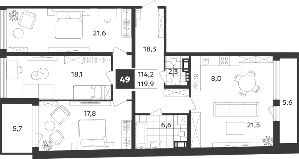Планировка евро-4 (4Е) 119.9 м² в ЖК «Дом на Бронницкой», корпус 1