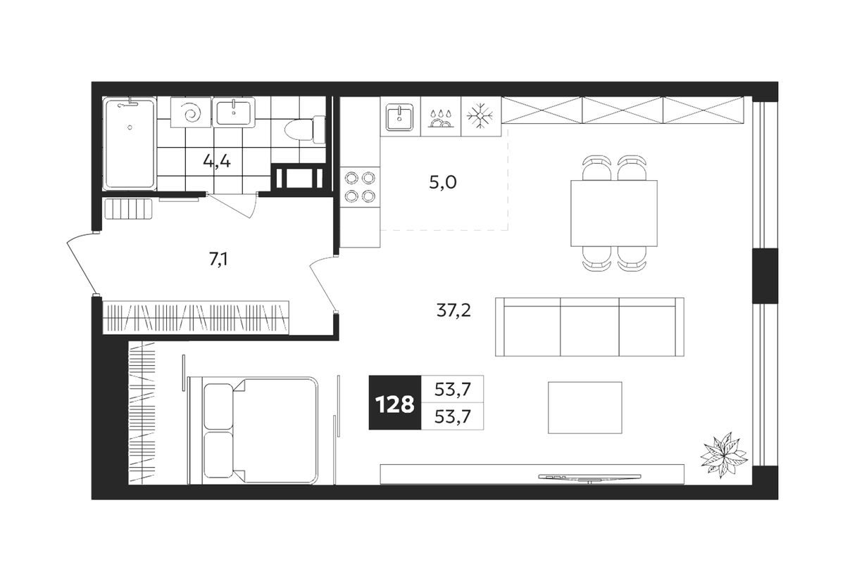 Планировка Студии 53.7 м² в ЖК «Дом на Бронницкой», корпус 1