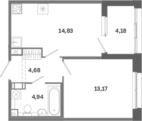 Планировка однокомнатная 39.71 м² в ЖК «Дом на Курской», корпус 1