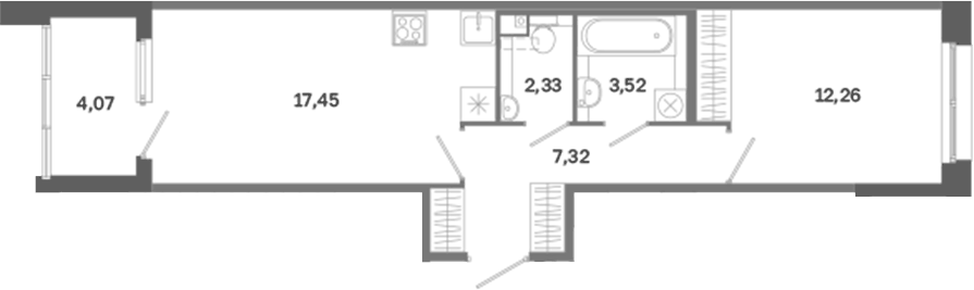 Планировка евродвушка (2Е) 44.1 м² в ЖК «Дом на Курской», корпус 1
