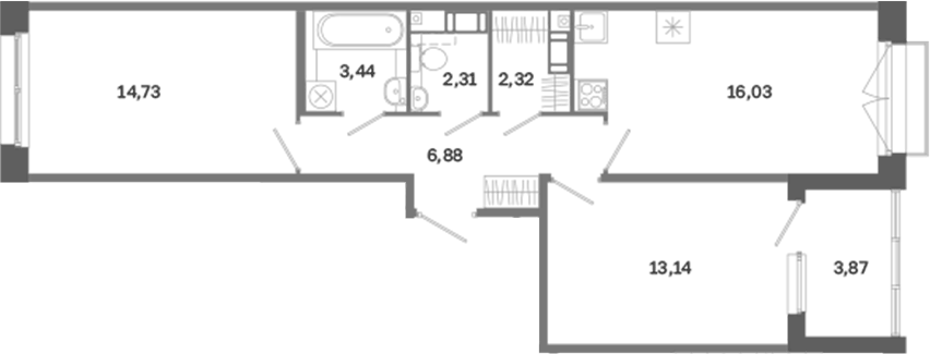 Планировка двухкомнатная 60.79 м² в ЖК «Дом на Курской», корпус 1