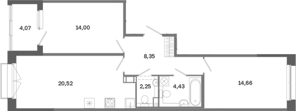 Планировка евротрёшка (3Е) 66.25 м² в ЖК «Дом на Курской», корпус 1
