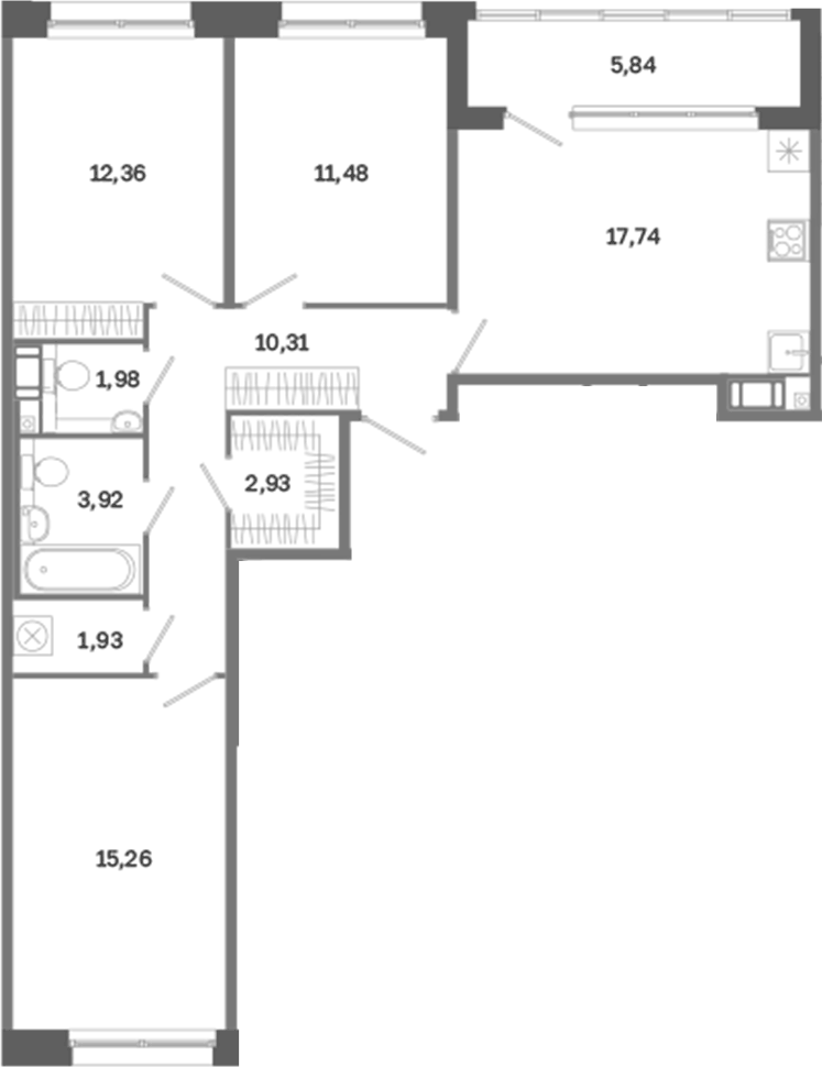 Планировка евро-4 (4Е) 80.83 м² в ЖК «Дом на Курской», корпус 1