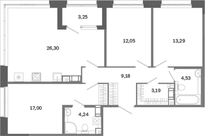 Планировка евро-4 (4Е) 91.41 м² в ЖК «Дом на Курской», корпус 1