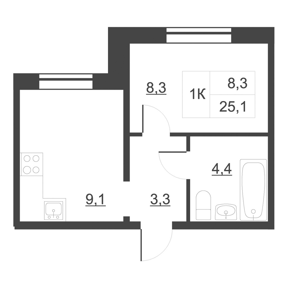 Планировка однокомнатная 25.8 м² в ЖК «Дом на набережной. Атлантика», корпус 1