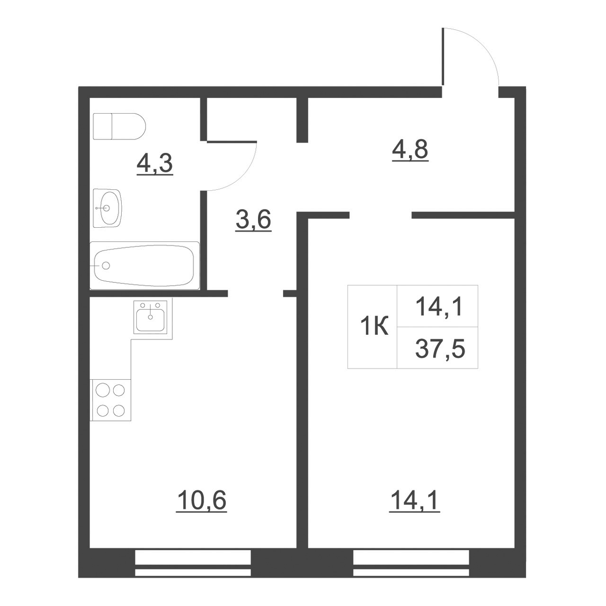 Планировка однокомнатная 38.1 м² в ЖК «Дом на набережной. Атлантика», корпус 1