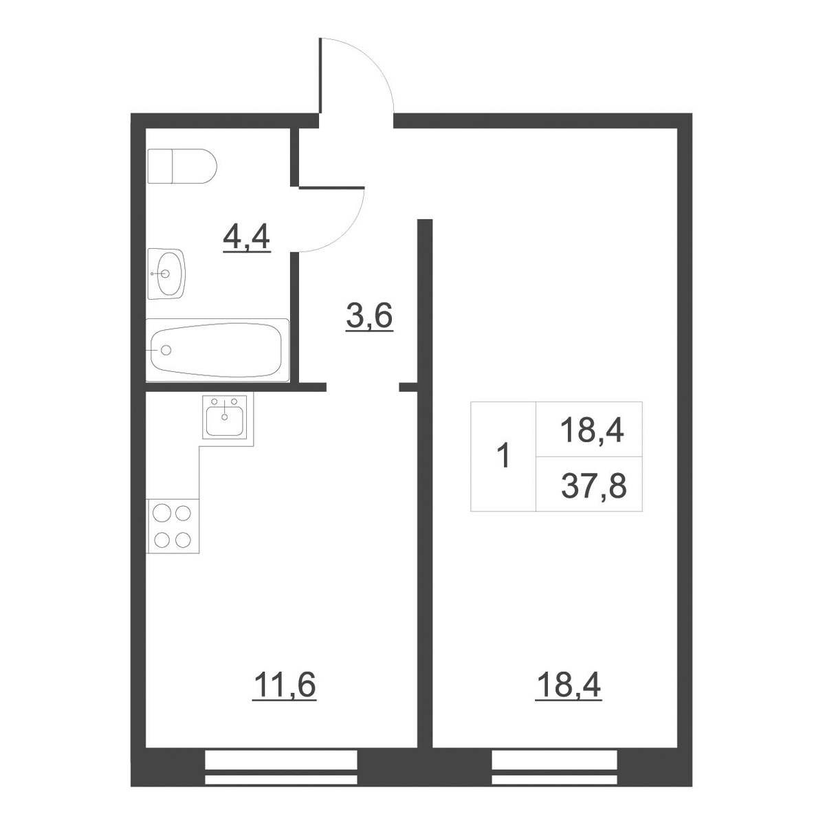 Планировка однокомнатная 38.3 м² в ЖК «Дом на набережной. Атлантика», корпус 1