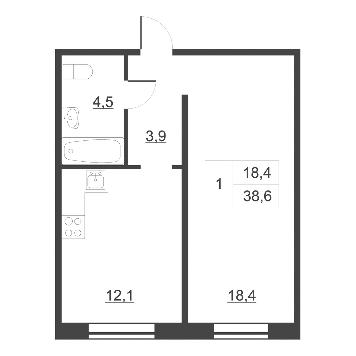 Планировка однокомнатная 38.4 м² в ЖК «Дом на набережной. Атлантика», корпус 1